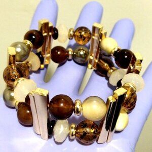 Boho Beaded Stretch Bracelet – Mixed Brown, Cream & Gold Tone, Geometric Accents
